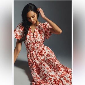 Anthropologie Somerset Maxi dress in Red and White floral pattern.